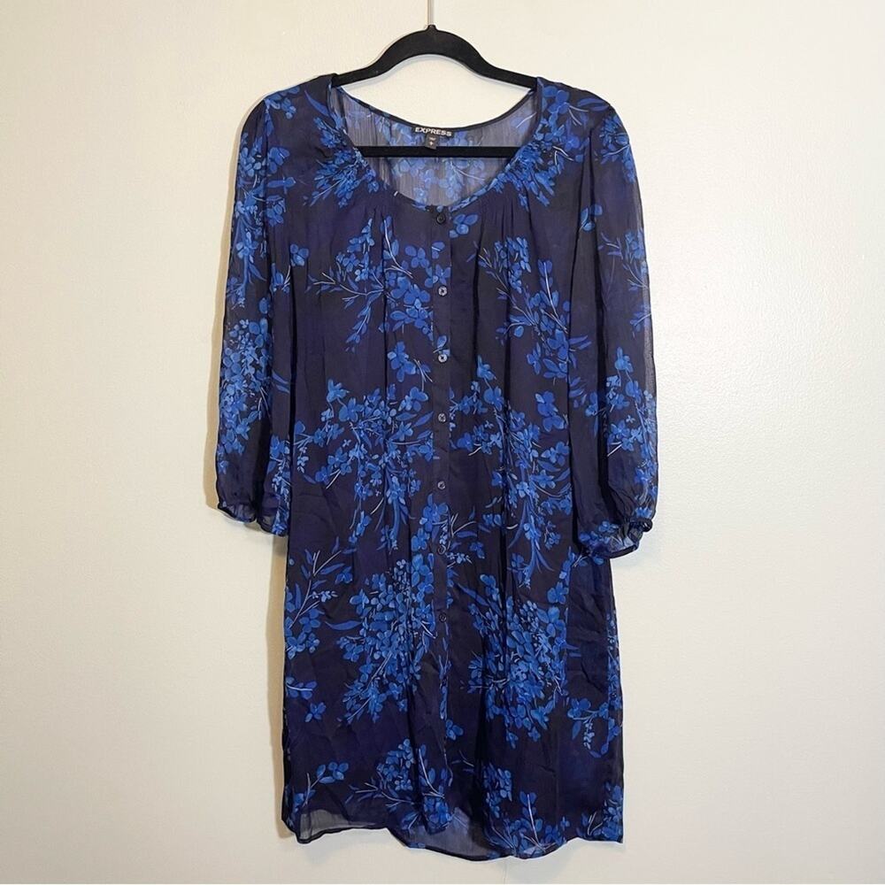 Express‎ Womens Floral Print Round Neck 3/4 Sleeve Chiffon Dress Blue Large